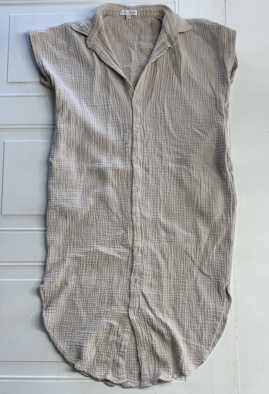 Miou Muse Womens Sz S/M Tan Cotton Button Down Mini T Shirt Dress Flutter Sleeve